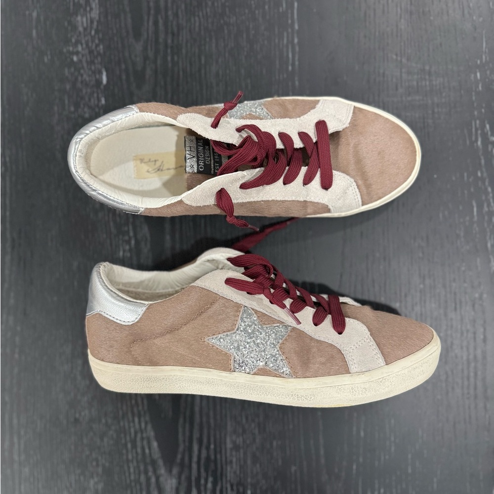 Brown Faux Hair Silver Star Sneakers with Red Laces